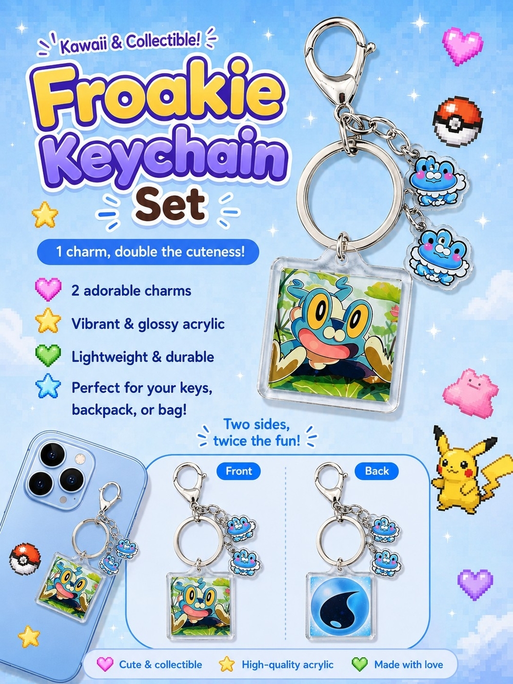Froakie Keychain Set - Blue Acrylic Charm Keyring